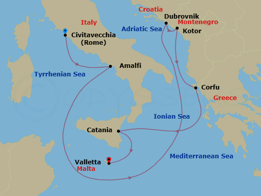 7 Night - Europe & Mediterranean - Crystal Symphony - Starting in Civitavecchia (Rome), Amalfi, Dubrovnik, Croatia, Kotor, Corfu, Catania, Valletta itinerary map