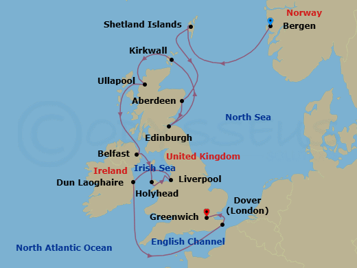 14 Night - British Isles Explorer - Viking Mira - Starting in Bergen, Shetland Islands (Lerwick), Aberdeen, Edinburgh (Newhaven Harbour), Orkney Islands (Kirkwall), The Highlands (Ullapool), Belfast, Holyhead, Liverpool, Dublin (Dun Laoghaire), Scenic Sailing English Channel, Dover UK, London (Greenwich) itinerary map