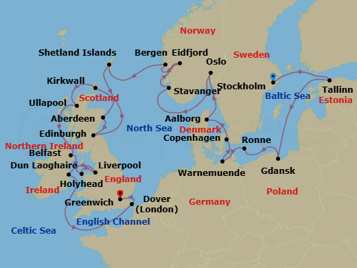 28 Night - Scandinavia & the British Isles - Viking Mira - Starting in Stockholm, Tallinn, Sail the Baltic Sea, Gdansk, Bornholm (Ronne), Berlin (Warnemunde), Copenhagen, Alborg, Oslo, Stavanger, Eidfjord, Bergen, Shetland Islands (Lerwick), Aberdeen, Edinburgh (Newhaven Harbour), Orkney Islands (Kirkwall), The Highlands (Ullapool), Belfast, Holyhead, Liverpool, Dublin (Dun Laoghaire), Scenic Sailing English Channel, Dover UK, London (Greenwich) itinerary map