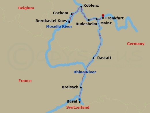 7 Night - Castles & Vineyards of the Rhine & Moselle - Scenic Ruby - Starting in Basel (Breisach), Breisach, Rastatt, Rudesheim, Cochem, Bernkastel, Koblenz, Mainz / Frankfurt itinerary map