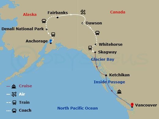 11 Night - Denali & Yukon Y5l - Tour Y5l - Koningsdam Tours - Starting in Anchorage, Alaska, Denali National Park, Fairbanks, Dawson City, Whitehorse, Skagway, Alaska, Glacier Bay, Ketchikan, Alaska, Scenic Cruising the Inside Passage, Vancouver, BC, CA itinerary map