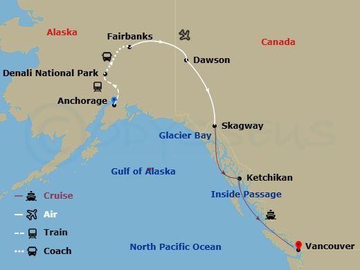 12 Night - Denali & Yukon Y4l - Tour Y4l - Koningsdam Tours - Starting in Anchorage, Alaska, Denali National Park, Fairbanks, Dawson City, Skagway, Alaska, Glacier Bay, Ketchikan, Alaska, Scenic Cruising the Inside Passage, Vancouver, BC, CA itinerary map