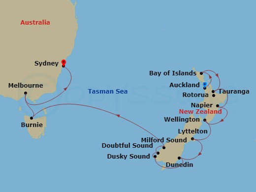 14 Night - Vintners & Artisans of the Pacific - Seven Seas Explorer - Starting in Auckland, Bay of Islands, Rotorua (Tauranga), Napier, Wellington, Christchurch (Lyttelton), Dunedin, Cruising the Fjords of Dusky Sound, Cruising the Fjords of Doubtful Sound, Cruising the Fjords of Milford Sound, Cruising the Tasman Sea, Burnie, Melbourne, Cruising the Tasman Sea, Sydney AU itinerary map