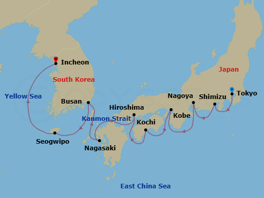 12 Night - Tokyo to Incheon - Silver Muse - Starting in Tokyo, Shimizu, Nagoya, Kobe, Kochi, Hiroshima, Nagasaki, Busan, Seogwipo, Incheon (Seoul) itinerary map