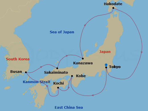 12 Night - Tokyo to Tokyo - Silver Muse - Starting in Tokyo, Kobe, Kochi, Busan, Sakaiminato, Kanazawa, Hakodate (Hokkaido), Tokyo itinerary map
