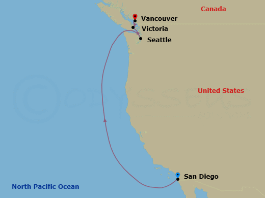 6 Night - Pacific Coastal Cruise - Oosterdam - Starting in San Diego, California, Seattle, Washington, Victoria CA, Canada, Vancouver, BC, CA itinerary map
