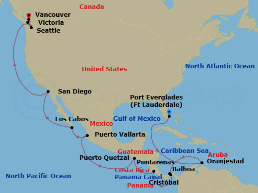 21 Night - Panama Canal - Oosterdam - Starting in Fort Lauderdale, Florida, Oranjestad, Aruba, Enter Panama Canal Cristobal, Cruising Panama Canal, Exit Panama Canal Balboa, Puntarenas (Puerto Caldera), Costa Rica, Puerto Quetzal, Guatemala, Puerto Vallarta, Mexico, Cabo San Lucas, Mexico, San Diego, California, Seattle, Washington, Victoria CA, Canada, Vancouver, BC, CA itinerary map