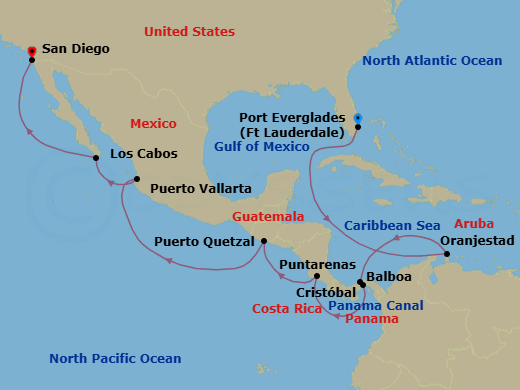 15 Night - Panama Canal - Oosterdam - Starting in Fort Lauderdale, Florida, Oranjestad, Aruba, Enter Panama Canal Cristobal, Cruising Panama Canal, Exit Panama Canal Balboa, Puntarenas (Puerto Caldera), Costa Rica, Puerto Quetzal, Guatemala, Puerto Vallarta, Mexico, Cabo San Lucas, Mexico, San Diego, California itinerary map