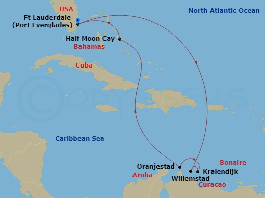 9 Night - Southern Caribbean : Abc Islands - Oosterdam - Starting in Fort Lauderdale, Florida, Willemstad AN, Curacao, Kralendijk, Bonaire, Oranjestad, Aruba, RelaxAway, Half Moon Cay, Bahamas, Fort Lauderdale, Florida itinerary map