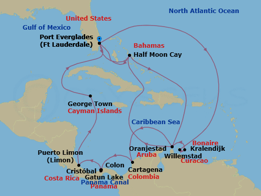 21 Night - Southern Caribbean & Panama Canal : Abc Islands - Oosterdam - Starting in Fort Lauderdale, Florida, Willemstad AN, Curacao, Kralendijk, Bonaire, Oranjestad, Aruba, RelaxAway, Half Moon Cay, Bahamas, Fort Lauderdale, Florida, RelaxAway, Half Moon Cay, Bahamas, Oranjestad, Aruba, Cartagena CO, Enter Panama Canal Cristobal, Cruising Panama Canal and Gatun Lake, Gatun Lake, Panama, Cruising Gatun Lake and Panama Canal, Exit Panama Canal Cristobal, Colon, Panama, Puerto Limon (San Jose), Costa Rica, Georgetown, Cayman Islands, Fort Lauderdale, Florida itinerary map