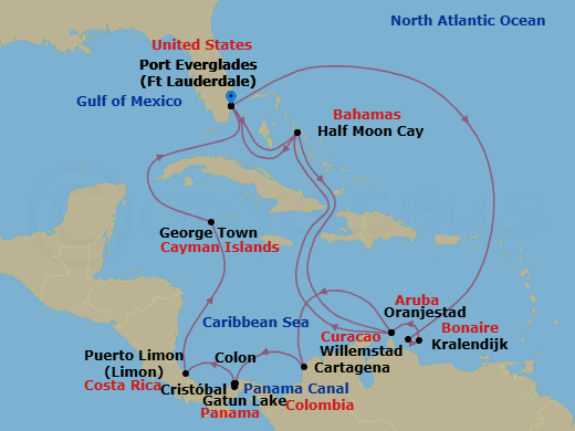 21 Night - Panama Canal & Southern Caribbean : Abc Islands - Oosterdam - Starting in Fort Lauderdale, Florida, RelaxAway, Half Moon Cay, Bahamas, Oranjestad, Aruba, Cartagena CO, Enter Panama Canal Cristobal, Cruising Panama Canal and Gatun Lake, Gatun Lake, Panama, Cruising Gatun Lake and Panama Canal, Exit Panama Canal Cristobal, Colon, Panama, Puerto Limon (San Jose), Costa Rica, Georgetown, Cayman Islands, Fort Lauderdale, Florida, Willemstad AN, Curacao, Kralendijk, Bonaire, Oranjestad, Aruba, RelaxAway, Half Moon Cay, Bahamas, Fort Lauderdale, Florida itinerary map