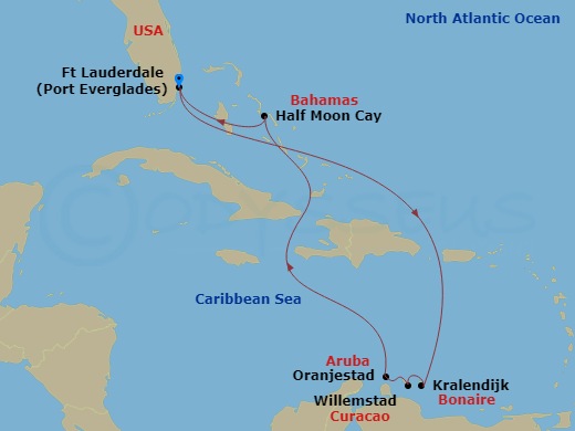 9 Night - Southern Caribbean : Abc Islands - Oosterdam - Starting in Fort Lauderdale, Florida, Kralendijk, Bonaire, Willemstad AN, Curacao, Oranjestad, Aruba, RelaxAway, Half Moon Cay, Bahamas, Fort Lauderdale, Florida itinerary map