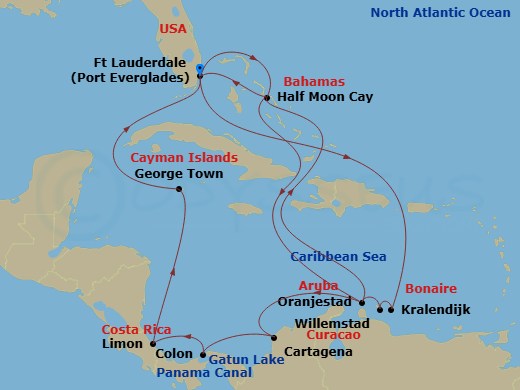 21 Night - Southern Caribbean & Panama Canal : Abc Islands - Oosterdam - Starting in Fort Lauderdale, Florida, Kralendijk, Bonaire, Willemstad AN, Curacao, Oranjestad, Aruba, RelaxAway, Half Moon Cay, Bahamas, Fort Lauderdale, Florida, RelaxAway, Half Moon Cay, Bahamas, Oranjestad, Aruba, Cartagena CO, Enter Panama Canal Cristobal, Cruising Panama Canal and Gatun Lake, Gatun Lake, Panama, Cruising Gatun Lake and Panama Canal, Exit Panama Canal Cristobal, Colon, Panama, Puerto Limon (San Jose), Costa Rica, Georgetown, Cayman Islands, Fort Lauderdale, Florida itinerary map