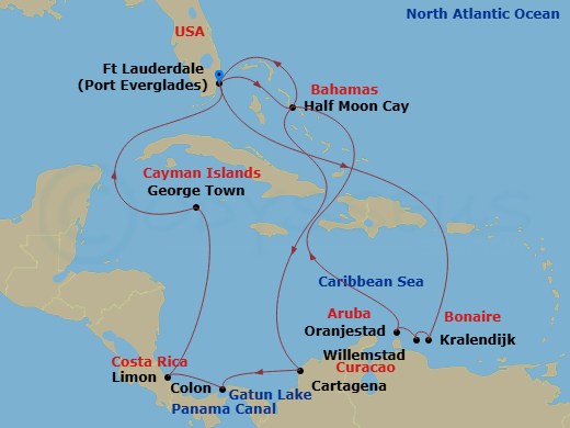 21 Night - Panama Canal & Southern Caribbean : Abc Islands - Oosterdam - Starting in Fort Lauderdale, Florida, RelaxAway, Half Moon Cay, Bahamas, Oranjestad, Aruba, Cartagena CO, Enter Panama Canal Cristobal, Cruising Panama Canal and Gatun Lake, Gatun Lake, Panama, Cruising Gatun Lake and Panama Canal, Exit Panama Canal Cristobal, Colon, Panama, Puerto Limon (San Jose), Costa Rica, Georgetown, Cayman Islands, Fort Lauderdale, Florida, Kralendijk, Bonaire, Willemstad AN, Curacao, Oranjestad, Aruba, RelaxAway, Half Moon Cay, Bahamas, Fort Lauderdale, Florida itinerary map