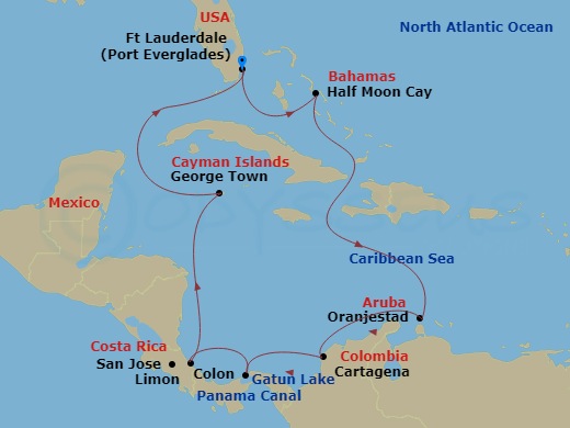 12 Night - Panama Canal Discovery : Costa Rica & Greater Antilles - Oosterdam - Starting in Fort Lauderdale, Florida, RelaxAway, Half Moon Cay, Bahamas, Oranjestad, Aruba, Cartagena CO, Enter Panama Canal Cristobal, Cruising Panama Canal and Gatun Lake, Gatun Lake, Panama, Cruising Gatun Lake and Panama Canal, Exit Panama Canal Cristobal, Colon, Panama, Puerto Limon (San Jose), Costa Rica, Georgetown, Cayman Islands, Fort Lauderdale, Florida itinerary map