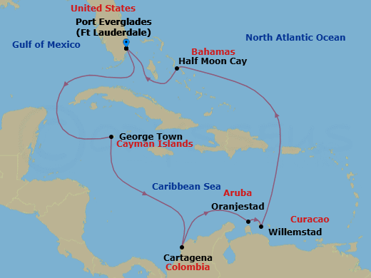 11 Night - Southern Caribbean : Holiday : Abc Islands - Oosterdam - Starting in Fort Lauderdale, Florida, Georgetown, Cayman Islands, Cartagena CO, Oranjestad, Aruba, Willemstad AN, Curacao, RelaxAway, Half Moon Cay, Bahamas, Fort Lauderdale, Florida itinerary map