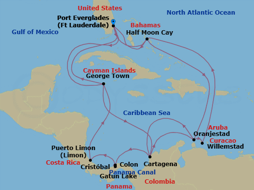 23 Night - Caribbean Holiday & Panama Canal Discovery - Oosterdam - Starting in Fort Lauderdale, Florida, Georgetown, Cayman Islands, Cartagena CO, Oranjestad, Aruba, Willemstad AN, Curacao, RelaxAway, Half Moon Cay, Bahamas, Fort Lauderdale, Florida, RelaxAway, Half Moon Cay, Bahamas, Oranjestad, Aruba, Cartagena CO, Enter Panama Canal Cristobal, Cruising Panama Canal and Gatun Lake, Gatun Lake, Panama, Cruising Gatun Lake and Panama Canal, Exit Panama Canal Cristobal, Colon, Panama, Puerto Limon (San Jose), Costa Rica, Georgetown, Cayman Islands, Fort Lauderdale, Florida itinerary map