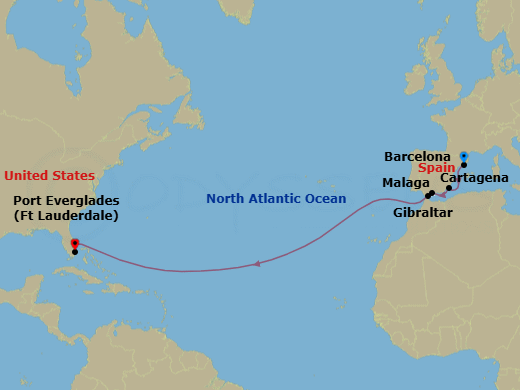 13 Night - Cultural Crossing : Spain & Gibraltar - Oosterdam - Starting in Barcelona, Spain, Cartagena ES, Malaga, Spain, Gibraltar, Fort Lauderdale, Florida itinerary map