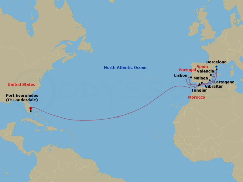 20 Night - Western Mediterranean Crossing : Spanish Discovery - Oosterdam - Starting in Barcelona, Spain, Valencia, Spain, Lisbon, Portugal, Tangier, Morocco, Malaga, Spain, Barcelona, Spain, Cartagena ES, Malaga, Spain, Gibraltar, Fort Lauderdale, Florida itinerary map
