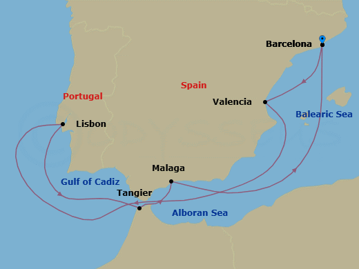 7 Night - Western Mediterranean : Spain, Portugal & Morocco - Oosterdam - Starting in Barcelona, Spain, Valencia, Spain, Lisbon, Portugal, Tangier, Morocco, Malaga, Spain, Barcelona, Spain itinerary map