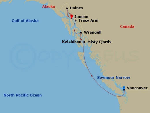 7 Night - Scenic Alaska - Star Seeker - Starting in Vancouver, Transit Seymour Narrow, Ketchikan, Misty Fjords / Rudyerd Bay, Wrangell, Tracy Arm / Endicott Arm, Haines, Juneau itinerary map