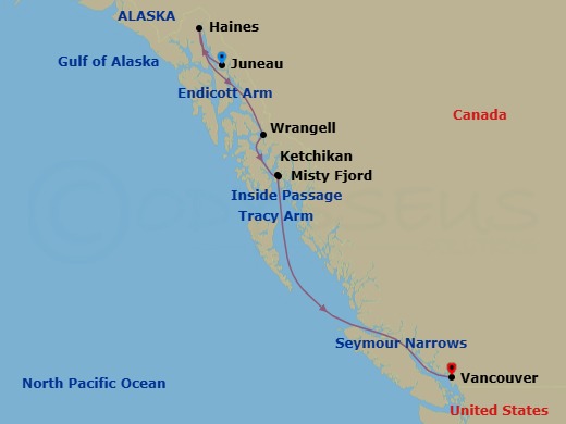 7 Night - Scenic Alaska - Star Seeker - Starting in Juneau, Haines, Tracy Arm / Endicott Arm, Wrangell, Misty Fjords / Rudyerd Bay, Ketchikan, Transit Seymour Narrow, Vancouver itinerary map