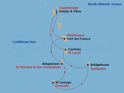 7 Night - South Caribbean - MSC World Europa - Starting in Pointe-A-Pitre, Guadeloupe, Castries, Saint Lucia, Bridgetown, Barbados, Saint Georges, Grenada, Kingstown, St Vincent and the Grenadines, Fort-de-France, Martinique, Pointe-A-Pitre, Guadeloupe itinerary map