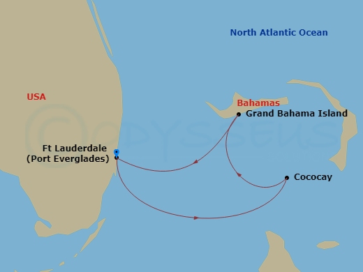 3 Night - Perfect Day Cococay & Bahamas - Jewel of the Seas - Starting in Fort Lauderdale, Florida, Perfect Day Cococay, Bahamas, Grand Bahama Island, Bahamas, Fort Lauderdale, Florida itinerary map