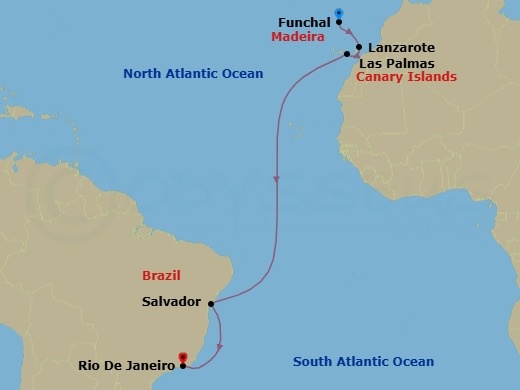 12 Night - Msc Grand Voyages - MSC Virtuosa - Starting in Funchal (Madeira Islands), Portugal, Arrecife De Lanzarote (Canary Islands), Spain, Las Palmas de Gran Canaria (Canary Islands), Spain, Salvador, Brazil, Rio De Janeiro, Brazil itinerary map