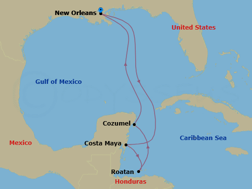 7 Night - Western Caribbean Holiday - Mariner of the Seas - Starting in New Orleans, Louisiana, Puerto Costa Maya, Mexico, Roatan, Honduras, Cozumel, Mexico, New Orleans, Louisiana itinerary map