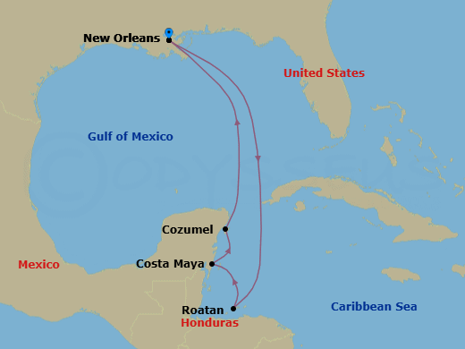 7 Night - Western Caribbean Cruise - Mariner of the Seas - Starting in New Orleans, Louisiana, Roatan, Honduras, Puerto Costa Maya, Mexico, Cozumel, Mexico, New Orleans, Louisiana itinerary map