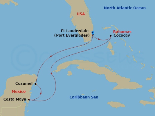 6 Night - Perfect Day Cococay & West Carib - Legend of the Seas - Starting in Fort Lauderdale, Florida, Perfect Day Cococay, Bahamas, Puerto Costa Maya, Mexico, Cozumel, Mexico, Fort Lauderdale, Florida itinerary map