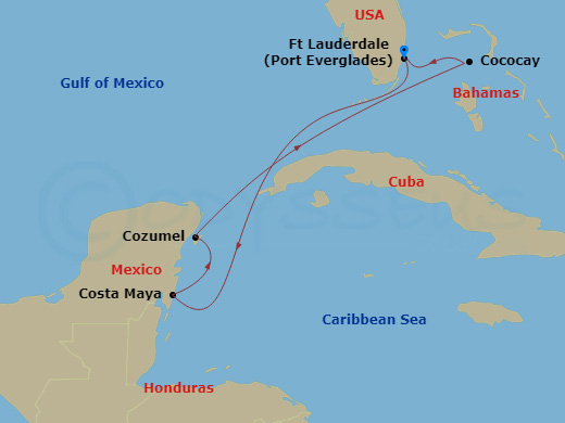 7 Night - Perfect Day Cococay & Carib Holiday - Legend of the Seas - Starting in Fort Lauderdale, Florida, Puerto Costa Maya, Mexico, Cozumel, Mexico, Perfect Day Cococay, Bahamas, Fort Lauderdale, Florida itinerary map