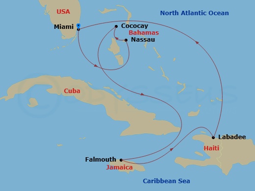 7 Night - Perfect Day Cococay & West Carib - Independence of the Seas - Starting in Miami, Florida, Nassau, Bahamas, Perfect Day Cococay, Bahamas, Falmouth, Jamaica, Labadee, Haiti, Miami, Florida itinerary map