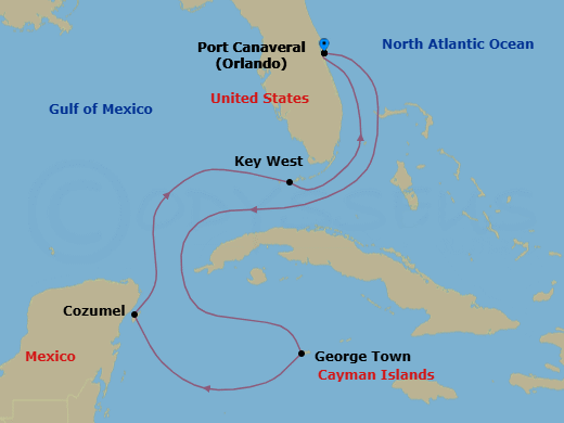 7 Night - Key West, Grand Cayman & Mexico - Celebrity Apex - Starting in Orlando (Port Canaveral), Fl, George Town, Grand Cayman, Cozumel, Mexico, Key West, Florida, Orlando (Port Canaveral), Fl itinerary map