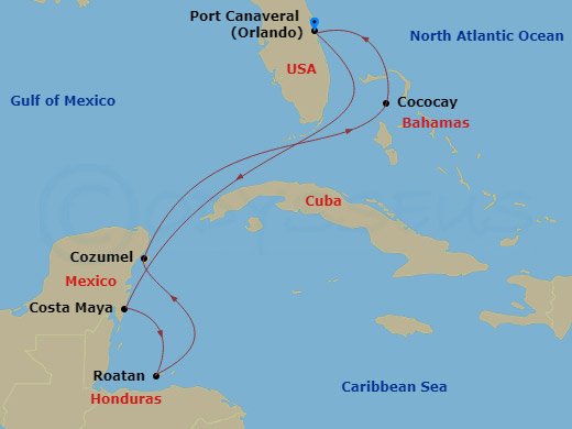 7 Night - Perfect Day Cococay & West Carib - Harmony of the Seas - Starting in Orlando (Port Canaveral), Fl, Puerto Costa Maya, Mexico, Roatan, Honduras, Cozumel, Mexico, Perfect Day Cococay, Bahamas, Orlando (Port Canaveral), Fl itinerary map