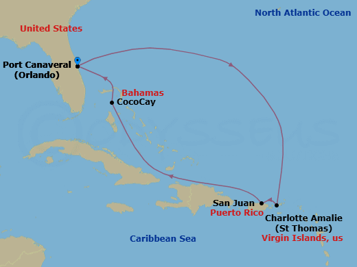 7 Night - Perfect Day Cococay & East Carib - Harmony of the Seas - Starting in Orlando (Port Canaveral), Fl, Charlotte Amalie, St Thomas, San Juan, Puerto Rico, Perfect Day Cococay, Bahamas, Orlando (Port Canaveral), Fl itinerary map