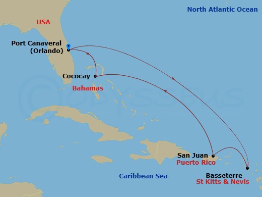 7 Night - Perfect Day Cococay & East Carib - Harmony of the Seas - Starting in Orlando (Port Canaveral), Fl, Basseterre, St Kitts and Nevis, San Juan, Puerto Rico, Perfect Day Cococay, Bahamas, Orlando (Port Canaveral), Fl itinerary map
