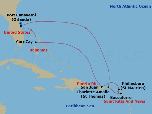9 Night - Perfect Day Cococay & Carib Holiday - Harmony of the Seas - Starting in Orlando (Port Canaveral), Fl, Perfect Day Cococay, Bahamas, San Juan, Puerto Rico, Philipsburg, St Maarten, Basseterre, St Kitts and Nevis, Charlotte Amalie, St Thomas, Orlando (Port Canaveral), Fl itinerary map