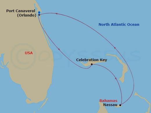 4 Night - Bahamas - Carnival Glory - Starting in Port Canaveral (Orlando), Fl, Celebration Key, the Bahamas, Nassau, Bahamas, Port Canaveral (Orlando), Fl itinerary map