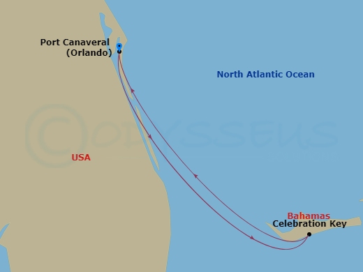 3 Night - Bahamas - Carnival Glory - Starting in Port Canaveral (Orlando), Fl, Celebration Key, the Bahamas, Port Canaveral (Orlando), Fl itinerary map