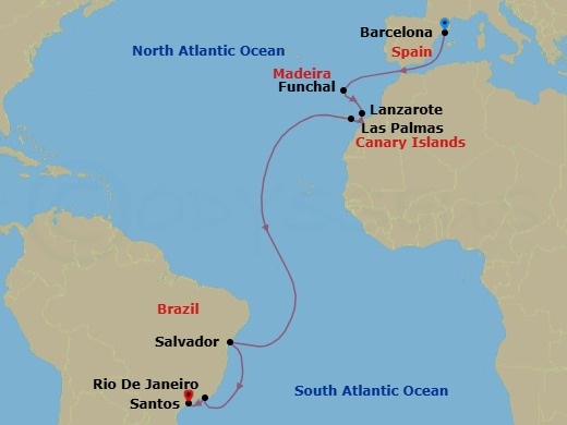16 Night - Msc Grand Voyages - MSC Virtuosa - Starting in Barcelona, Spain, Funchal (Madeira Islands), Portugal, Arrecife De Lanzarote (Canary Islands), Spain, Las Palmas de Gran Canaria (Canary Islands), Spain, Salvador, Brazil, Rio De Janeiro, Brazil, Santos (Sao Paulo), Brazil itinerary map