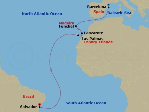 12 Night - Msc Grand Voyages - MSC Virtuosa - Starting in Barcelona, Spain, Funchal (Madeira Islands), Portugal, Arrecife De Lanzarote (Canary Islands), Spain, Las Palmas de Gran Canaria (Canary Islands), Spain, Salvador, Brazil itinerary map