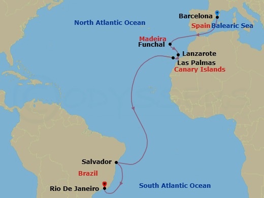 15 Night - Msc Grand Voyages - MSC Virtuosa - Starting in Barcelona, Spain, Funchal (Madeira Islands), Portugal, Arrecife De Lanzarote (Canary Islands), Spain, Las Palmas de Gran Canaria (Canary Islands), Spain, Salvador, Brazil, Rio De Janeiro, Brazil itinerary map