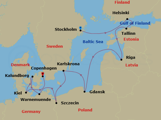 11 Night - Baltic Beauty - Oceania Insignia - Starting in Stockholm, Helsinki, Tallinn, Riga, Gdansk, Karlskrona, Szczecin, Berlin (Warnemunde), Kalundborg, Kiel, Copenhagen itinerary map