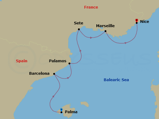 5 Night - Palma De Mallorca to Nice - Silver Shadow - Starting in Palma De Mallorca, Barcelona, Palamos, Sete, Marseille, Nice itinerary map