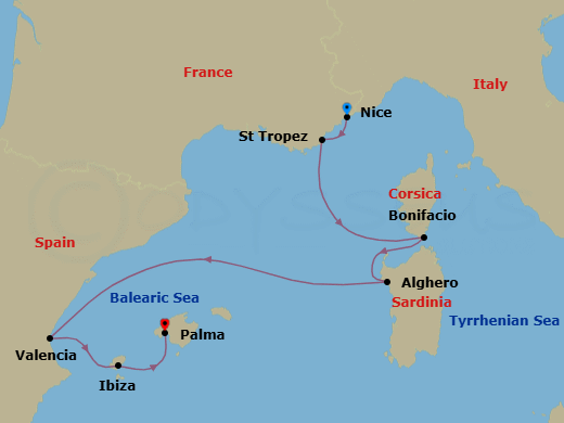 7 Night - Nice to Palma De Mallorca - Silver Shadow - Starting in Nice, Saint Tropez, Bonifacio (Corsica), Alghero, Sardinia, Valencia, Ibiza, Palma De Mallorca itinerary map