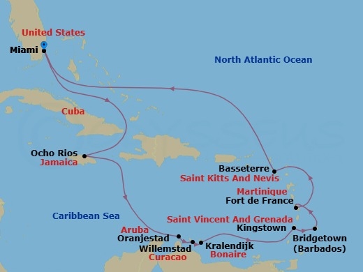 14 Night - Heavenly Hideaways - Seven Seas Grandeur - Starting in Miami, Cruising the Bahamian Waters, Ocho Rios, Jamaica, Cruising the Caribbean Sea, Oranjestad, Willemstad AN, Bonaire (Kralendijk), Cruising the Caribbean Sea, Kingstown, Bridgetown, Fort-de-France, Basseterre, Cruising the Atlantic Ocean, Cruising the Bahamian Waters, Miami itinerary map