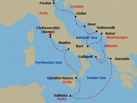 12 Night - Fusina to Civitavecchia - Silver Muse - Starting in Fusina (Venice), Zadar, Hvar, Dubrovnik, Croatia, Bari, Kotor, Gallipoli, Sarande, Valletta, Giardini Naxos (Sicily), Naples, Civitavecchia (Rome) itinerary map