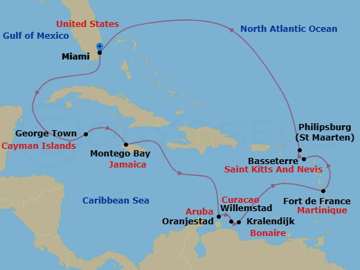 14 Night - Caribbean Celebration - Oceania Marina - Starting in Miami, George Town, Montego Bay, Oranjestad, Willemstad AN, Kralendijk, Fort-de-France, Basseterre, Philipsburg, Miami itinerary map